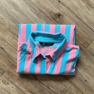 Fun linen blend Zara striped button down shirt, size M